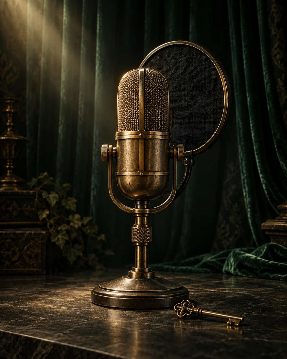 Original artwork of a brass studio microphone, green velvet curtains, and an antique key